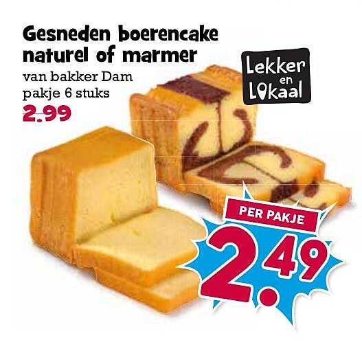 Gesneden boerencake naturel of marmer van bakker Dam pakje 6 stuks