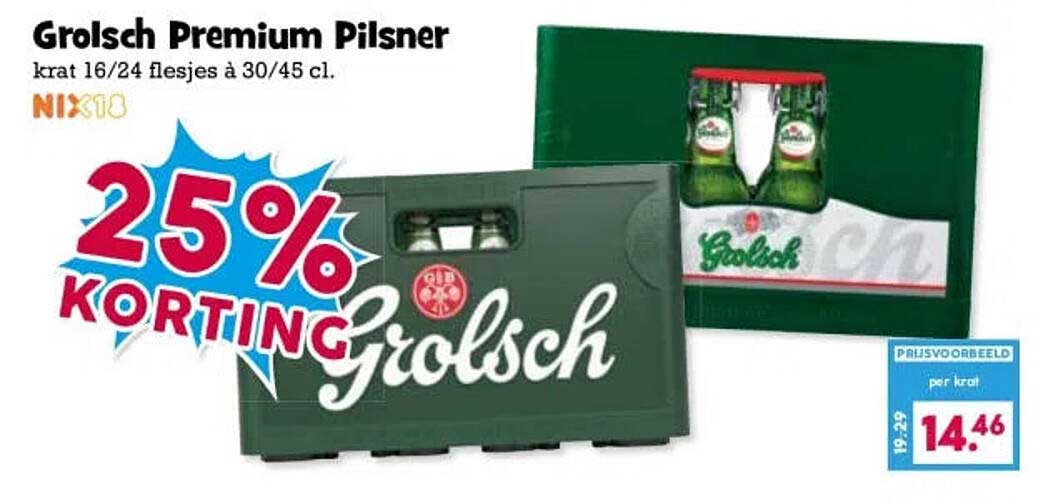 Grolsch Premium Pilsner krat 16/24 flesjes à 30/45 cl. 25% KORTING