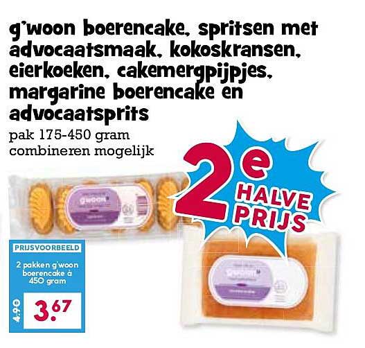 g'woon boerencake, spritsen met advocaatsmaak, kokoskransen, eierkoeken, cakemerGpijPjes, margarine boerencake en advocaatsprits 2e halve prijs