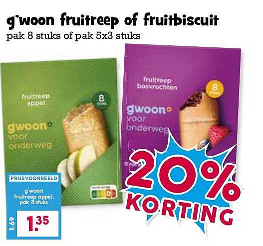 g'woon fruitreep of fruitbiscuit pak 8 stuks of pak 5x3 stuks 20% KORTING