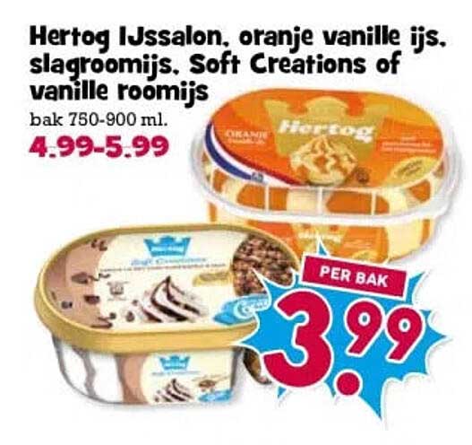 Hertog IJssalon, oranje vanille ijs, slagroomijs, Soft Creations of vanille roomijs