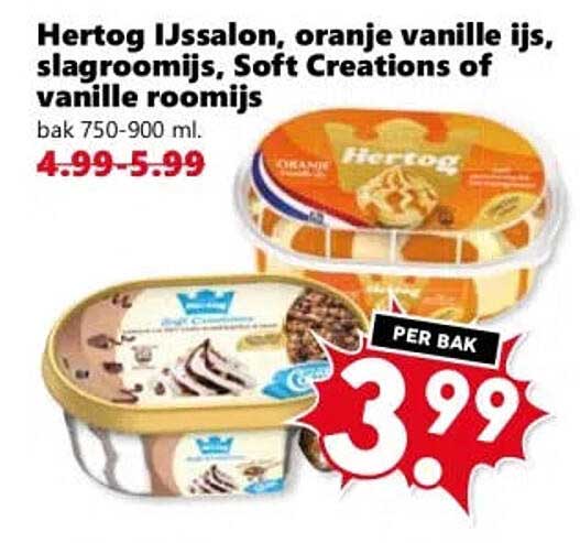 Hertog IJssalon, oranje vanille ijs, slagroomijs, Soft Creations of vanille roomijs