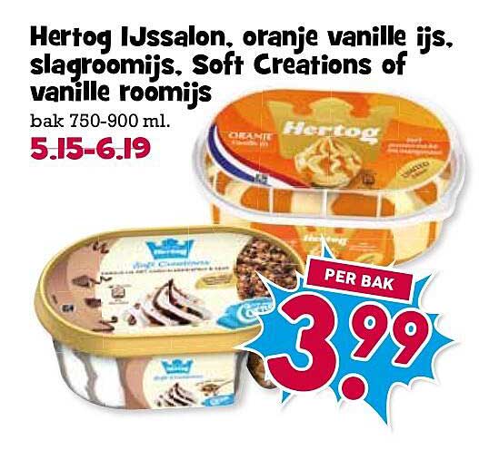 Hertog IJssalon, oranje vanille ijs, slagroomijs, Soft Creations of vanille roomijs