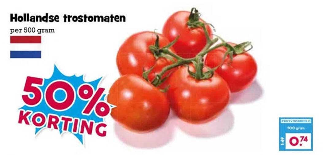 Hollandse trostomaten per 500 gram 50% KORTING