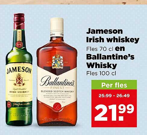 Jameson Irish Whiskey Fles 70 cl en Ballantine’s whisky Fles 100 cl