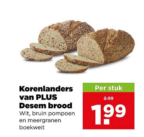 Korenlanders van PLUS Desem brood Wit, bruin pompoen en meergranen boekweit