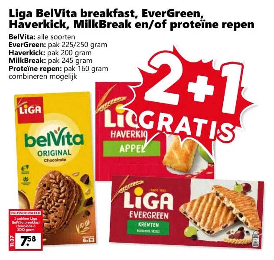 Liga BelVita breakfast, EverGreen, Haverkick, MilkBreak en/of proteïne repen 2+1 GRATIS