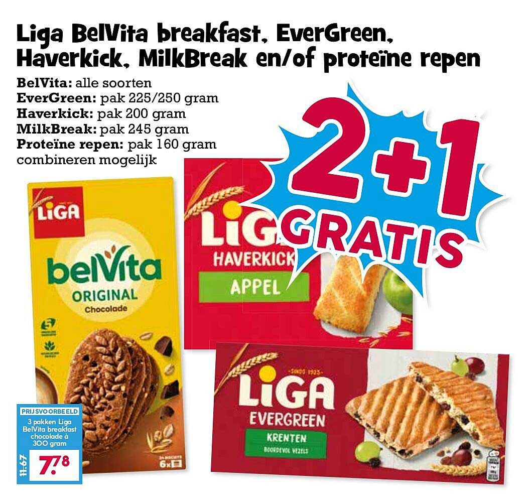 Liga BelVita breakfast, EverGreen, Haverkick, MilkBreak en/of proteïne repen 2+1 gratis