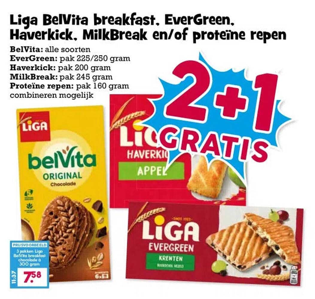 Liga BelVita breakfast, EverGreen, Haverkick, MilkBreak en/of proteïne repen 2+1 gratis