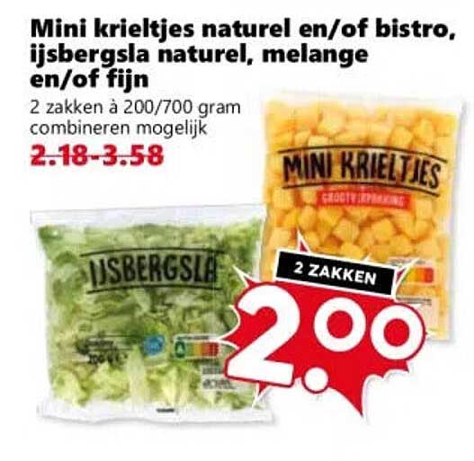Mini krieltjes naturel en/of bistro, ijsbergsla naturel, melange en/of fijn 2 zakken