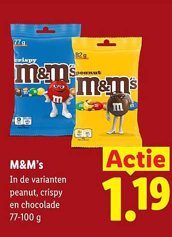 M&M’s In de varianten peanut, crispy en chocolade 77-100 g Actie