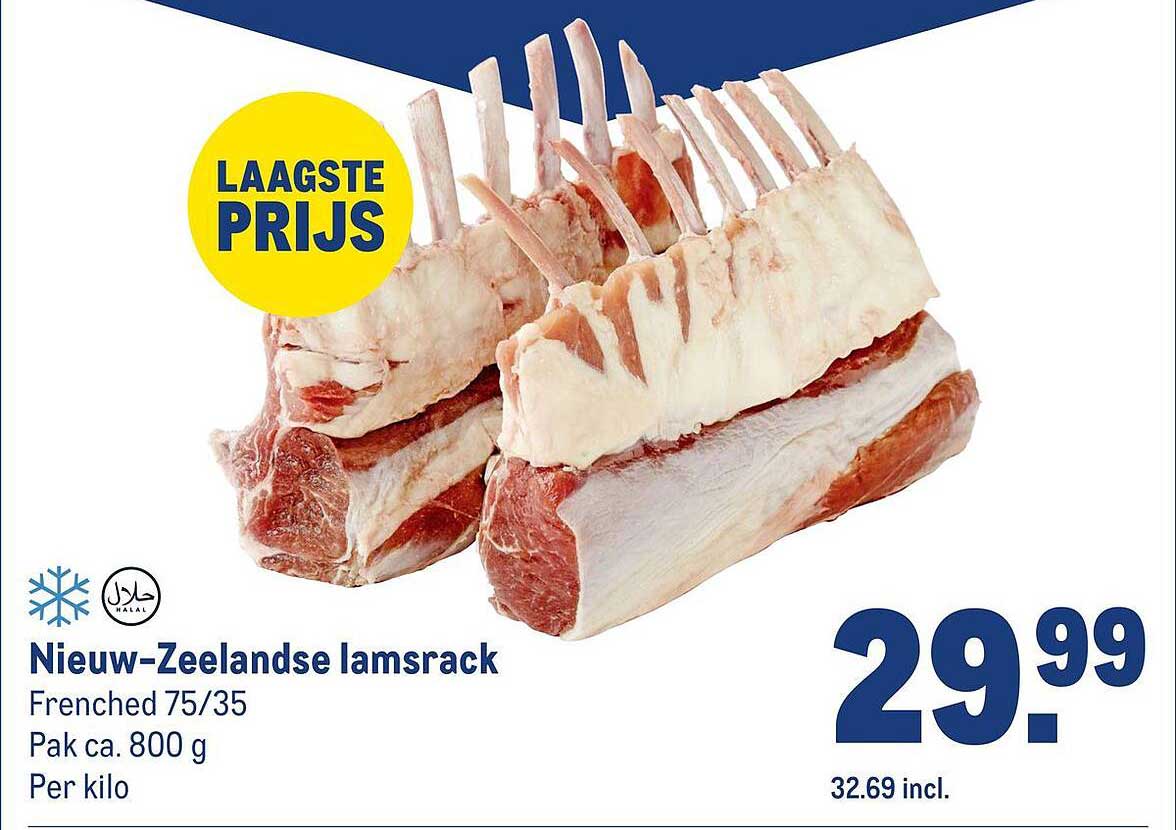 Nieuw-Zeelandse lamsrack Frenched 75/35 Pak ca. 800 g Per kilo
