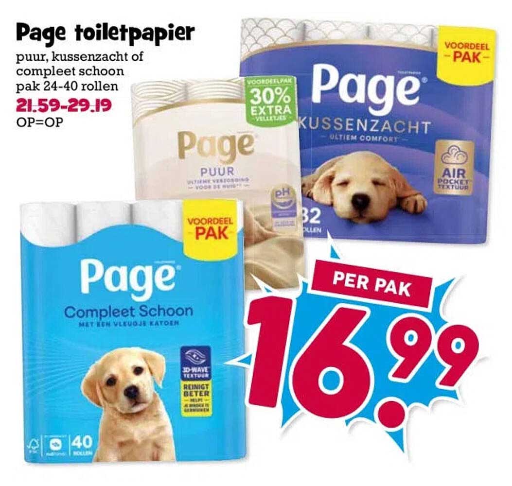 Page toiletpapier puur, kussenzacht of compleet schoon pak 24-40 rollen