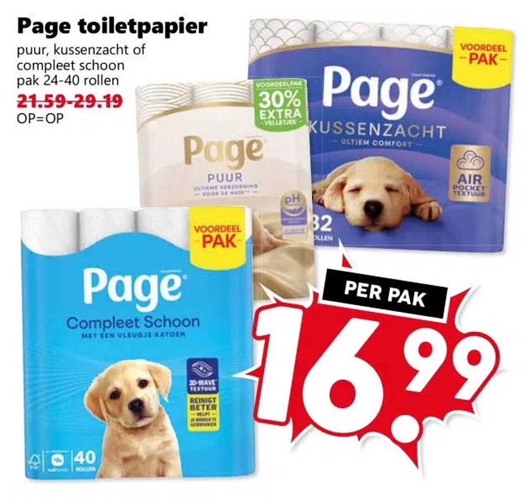 Page toiletpapier puur, kussenzacht of compleet schoon pak 24-40 rollen