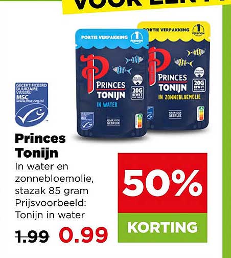 Princes Tonijn In water en zonnebloemolie, stazak 85 gram 50% KORTING