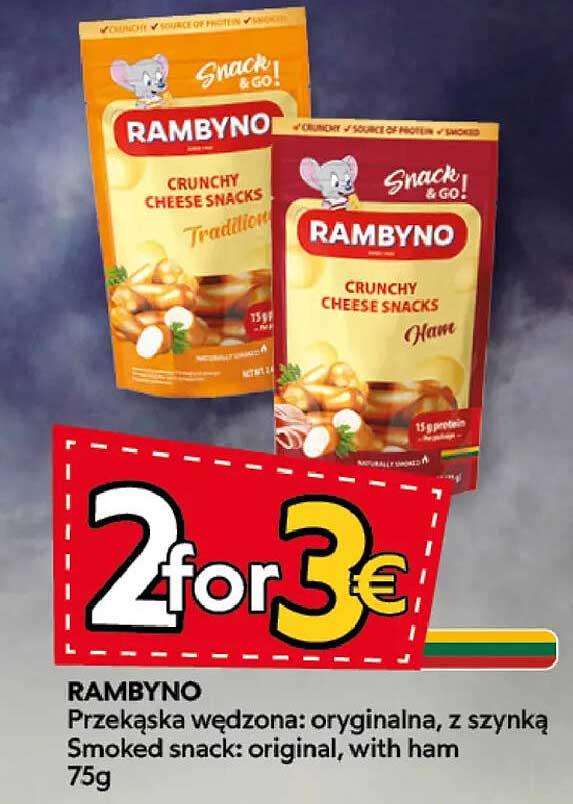 RAMBYNO Przekąska wędzona: oryginalna, z szynką Smoked snack: original, with ham 75g 2 for 3€