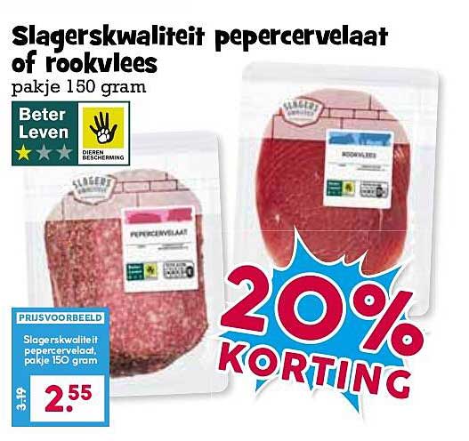 Slagerskwaliteit pepercervelaat of rookvlees pakje 150 gram 20% korting