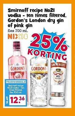 Smirnoff recipe No21 vodka - ten times filtered, Gordon's London dry gin of pink gin fles 700 ml. 25% KORTING
