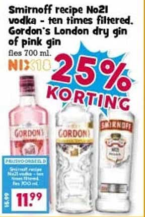 Smirnoff recipe No21 vodka - ten times filtered. Gordon's London dry gin of pink gin fles 700 ml. 25% KORTING