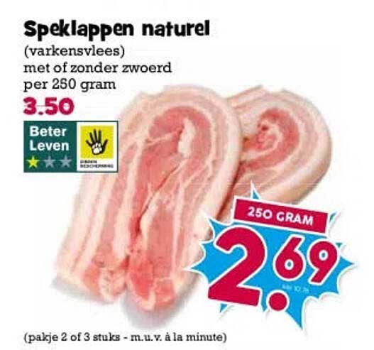 Speklappen naturel (varkensvlees) met of zonder zwoerd per 250 gram