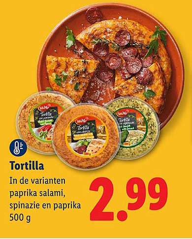 Tortilla in de varianten paprika salami, spinazie en paprika 500 g