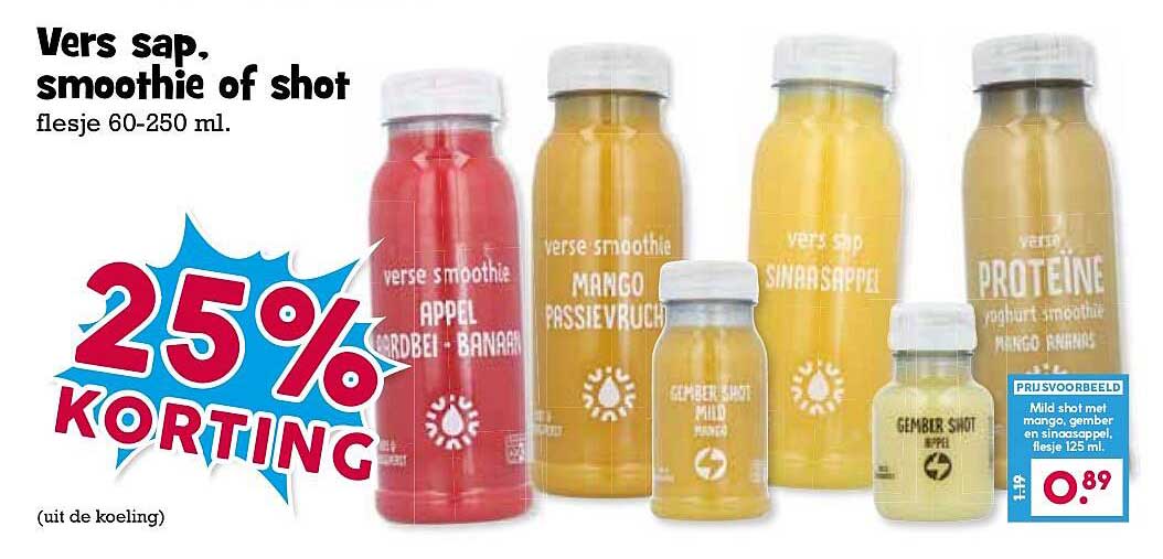 Vers sap, smoothie of shot 25% korting