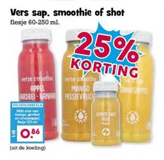 Vers sap, smoothie of shot flesje 60-250 ml. 25% KORTING