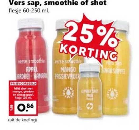 Vers sap, smoothie of shot flesje 60-250 ml. 25% KORTING