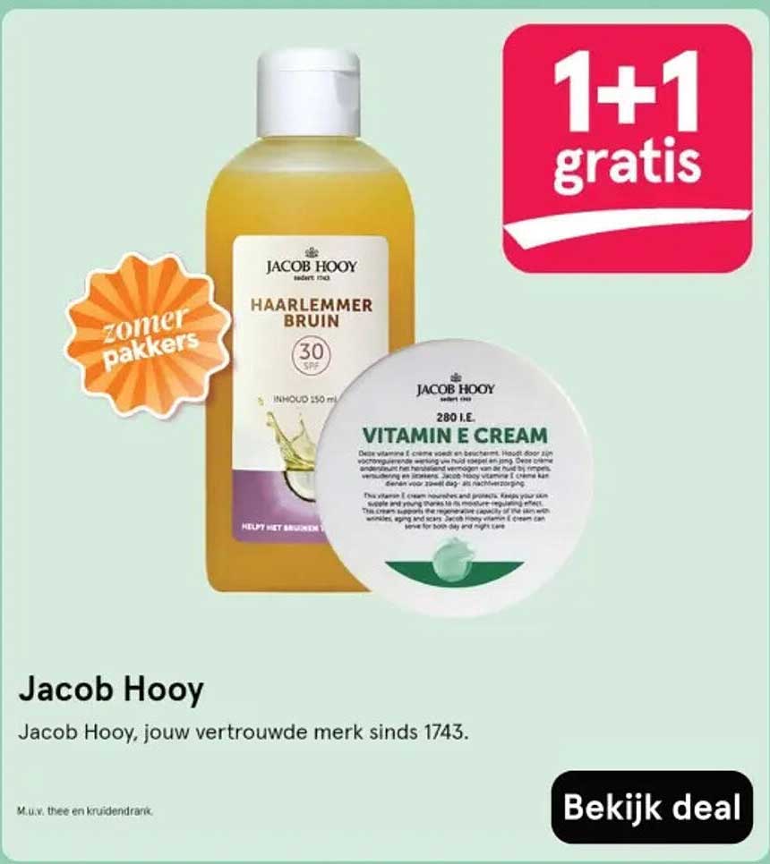 1 + 1 gratis op Jacob Hooy Haarlemmer Bruin en Vitamin E Cream