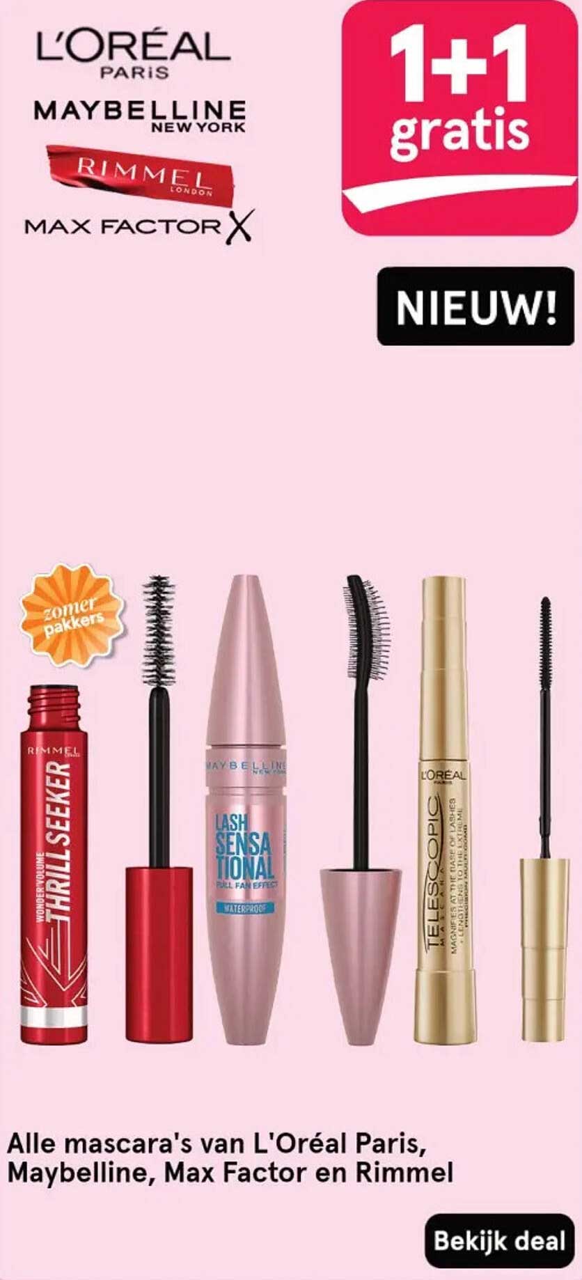 1+1 gratis op alle mascara's van L'Oréal Paris, Maybelline, Max Factor en Rimmel