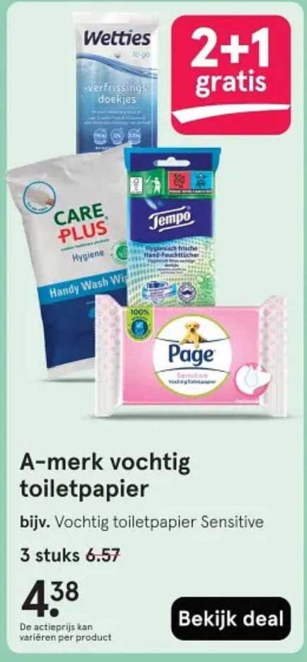 A-merk vochtig toiletpapier bijv. Vochtig toiletpapier Sensitive