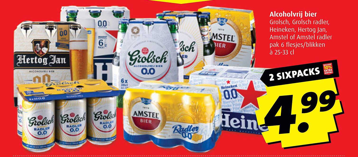 Alcoholvrij bier Grolsch, Grolsch radler, Heineken, Hertog Jan, Amstel of Amstel radler pak 6 flesjes/blikken à 25-33 cl
