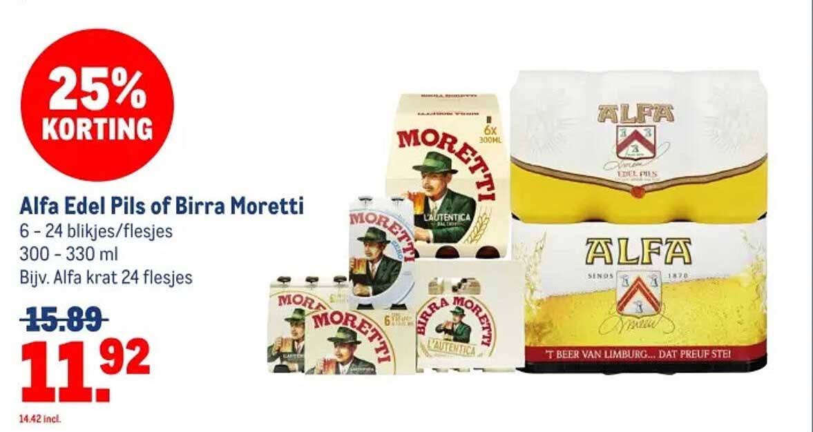 Alfa Edel Pils of Birra Moretti 6 - 24 blikjes/flesjes 300 - 330 ml