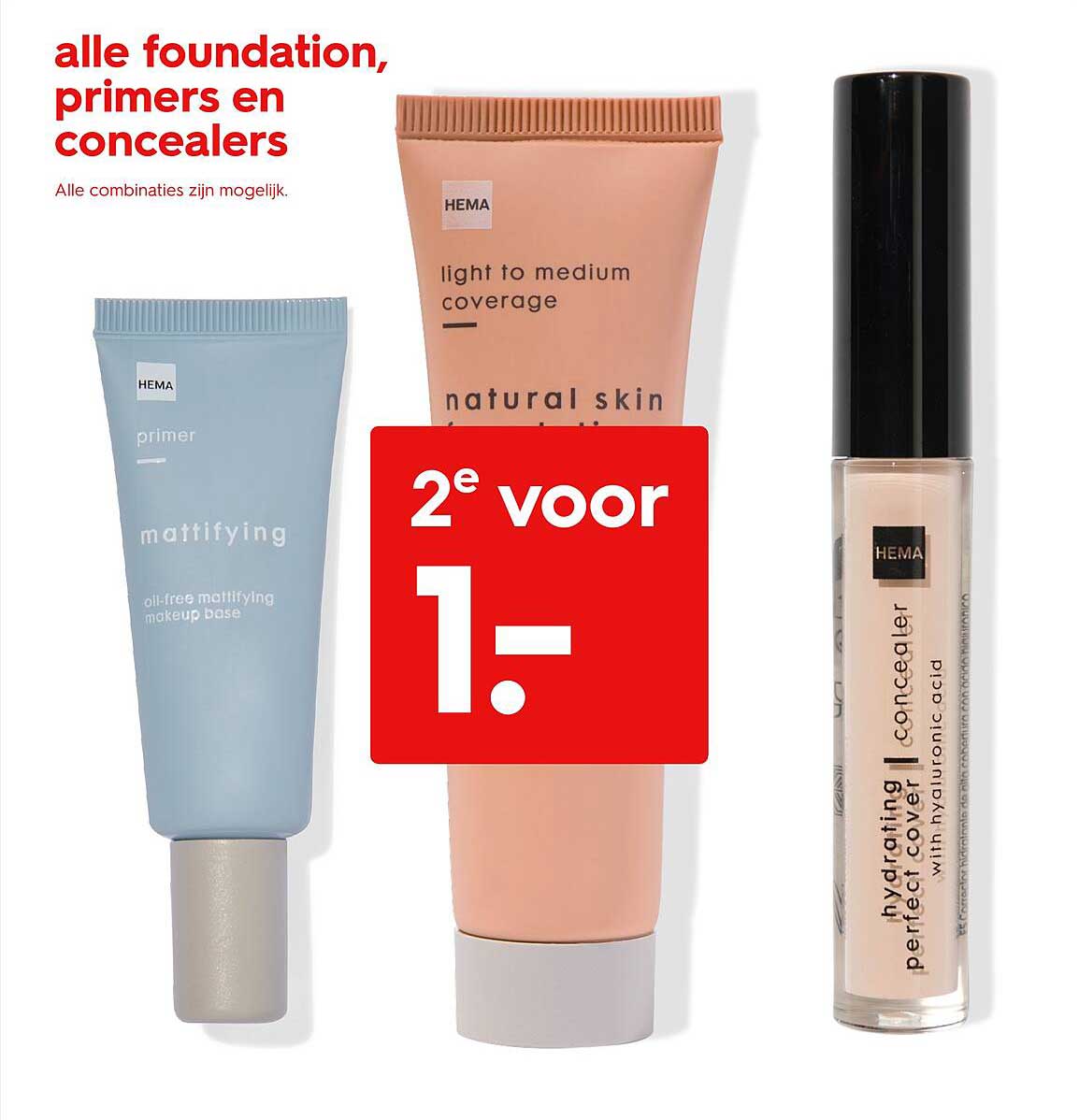 Alle foundation, primers en concealers: 2e voor €1,-