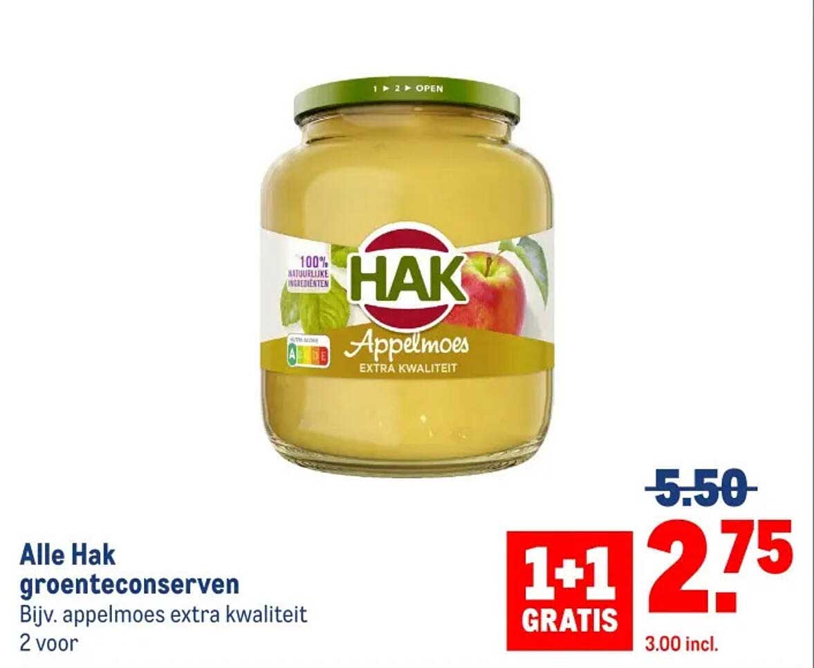 Alle Hak groenteconserven, Bijv. appelmoes extra kwaliteit 2 voor