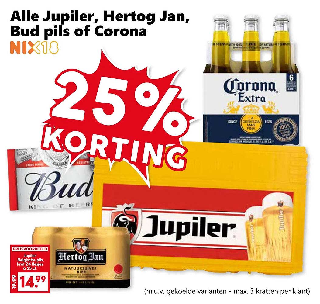 Alle Jupiter, Hertog Jan, Bud pils of Corona NIX18 - 25% KORTING