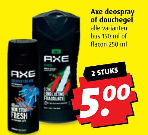 Axe deospray of douchegel 2 stuks voor 5,00