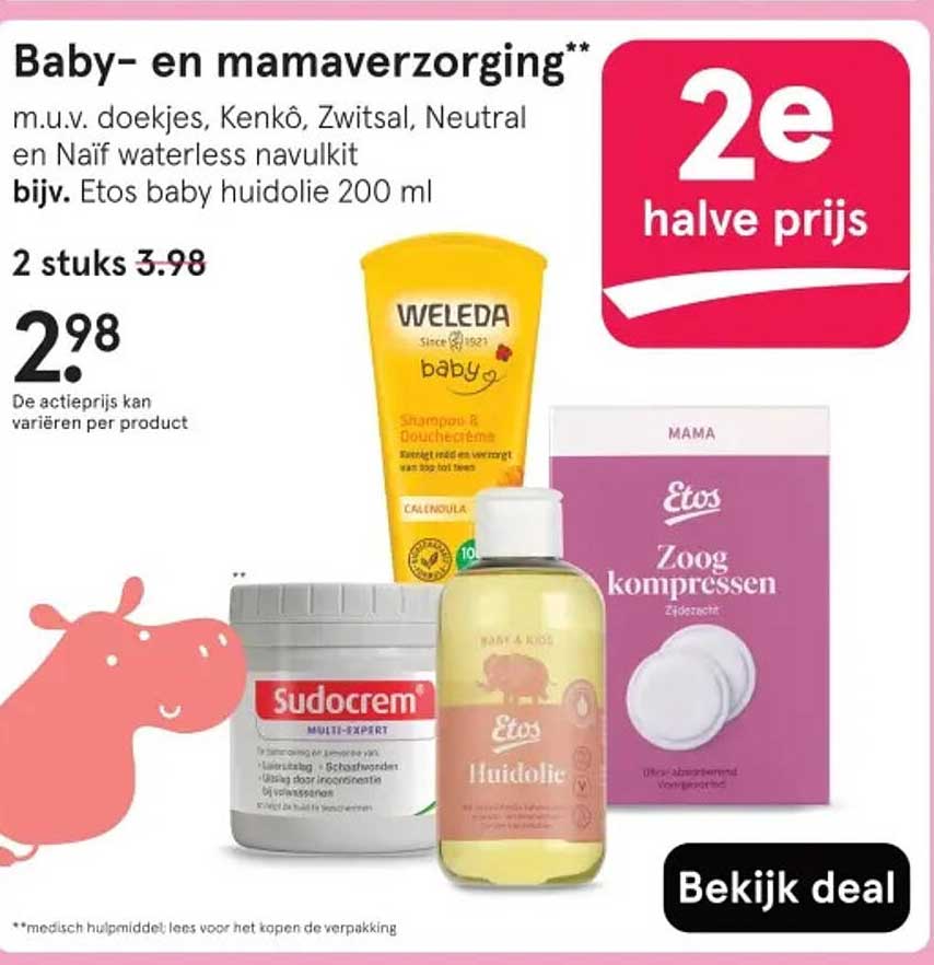Baby- en mamaverzorging** m.u.v. doekjes, Kenkô, Zwitsal, Neutral en Naïf waterless navulkit bijv. Etos baby huidolie 200 ml