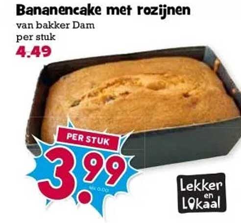 Bananencake met rozijnen van bakker Dam per stuk