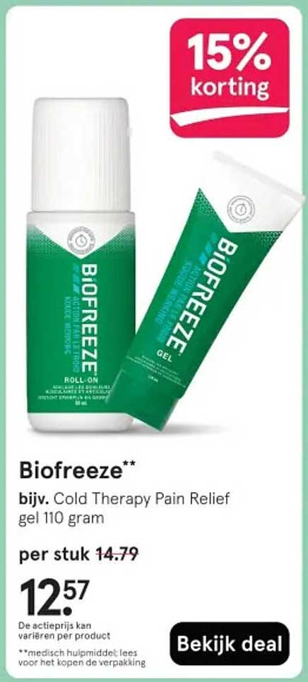 Biofreeze** bijv. Cold Therapy Pain Relief gel 110 gram