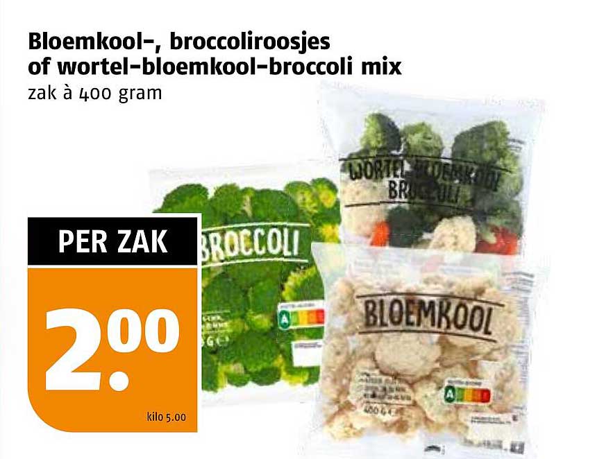 Bloemkool-, broccoliroosjes of wortel-bloemkool-broccoli mix zak à 400 gram
