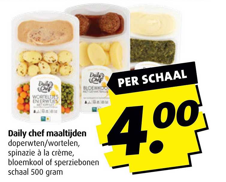 Daily chef maaltijden dop erwten/wortelen, spinazie à la crème, bloemkool of sperziebonen schaal 500 gram