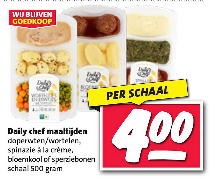 Daily chef maaltijden doperwten/wortelen, spinazie à la crème, bloemkool of sperziebonen schaal 500 gram