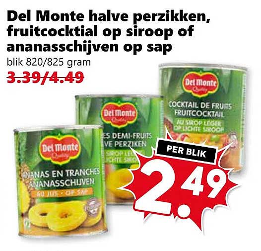 Del Monte halve perzikken, fruitcocktail op siroop of ananasschijven op sap