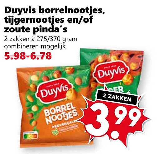 Duyvis borrelnootjes, tijgernootjes en/of zoute pinda’s