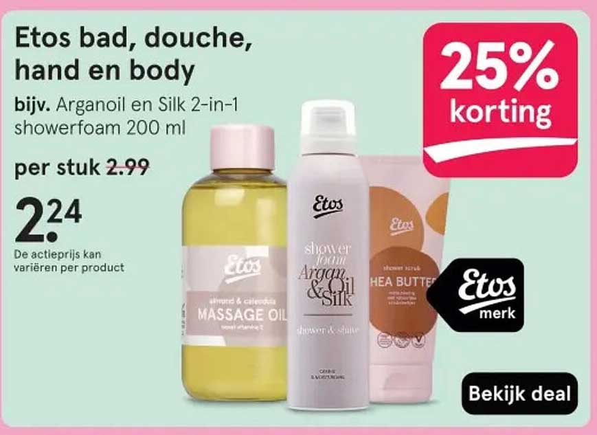 Etos bad, douche, hand en body bijv. Arganoil en Silk 2-in-1 showerfoam 200 ml