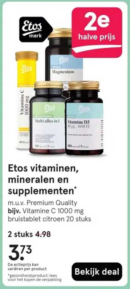 Etos vitaminen, mineralen en supplementen* m.u.v. Premium Quality bijv. Vitamine C 1000 mg bruistablet citroen 20 stuks