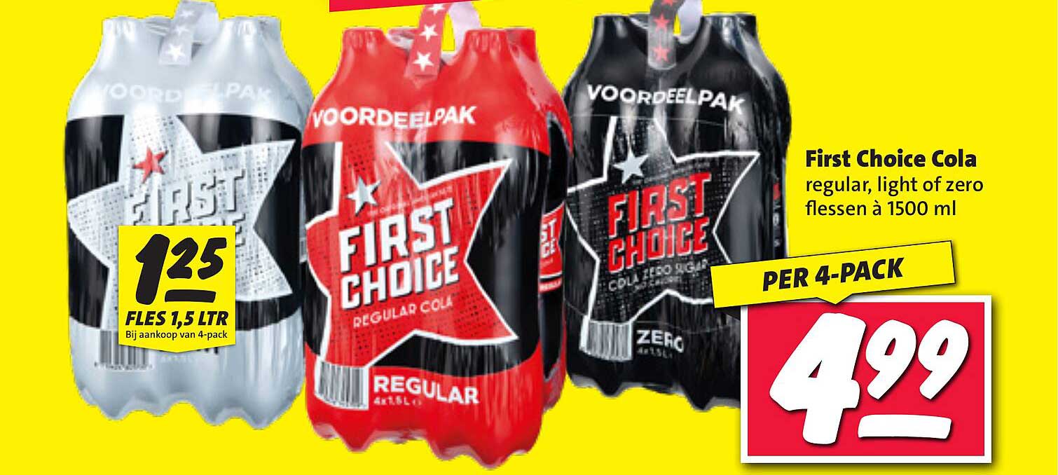First Choice Cola regular, light of zero flessen à 1500 ml