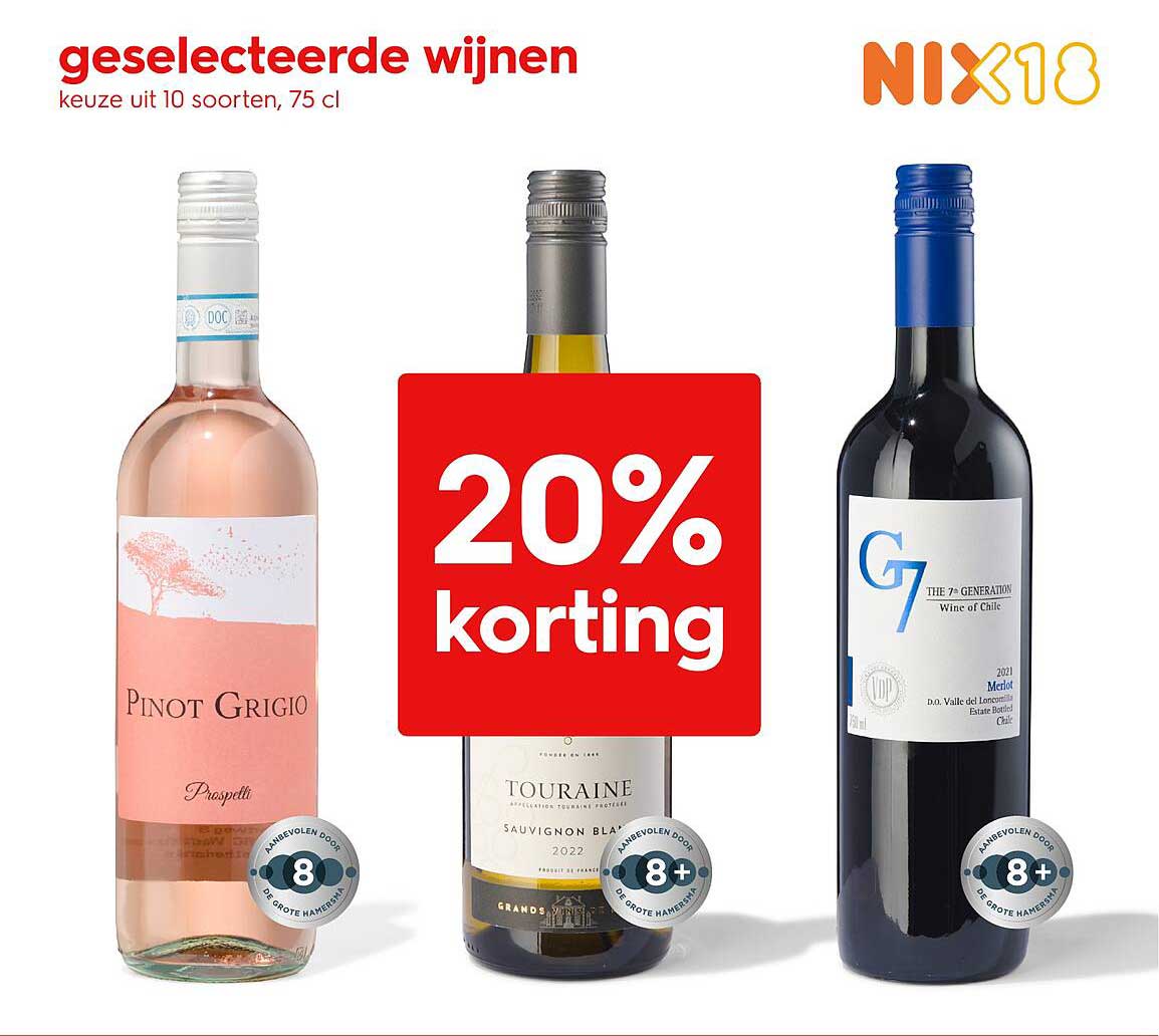 Geselecteerde wijnen: keuze uit 10 soorten, 75 cl