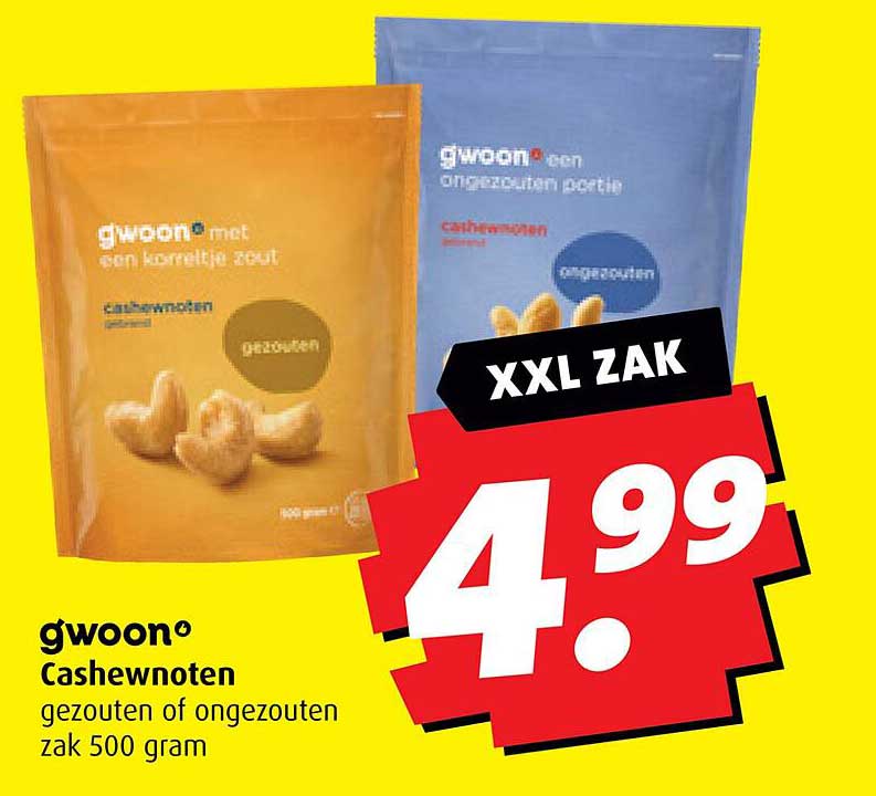 gwoon Cashewnoten gezoeten of ongezouten zak 500 gram